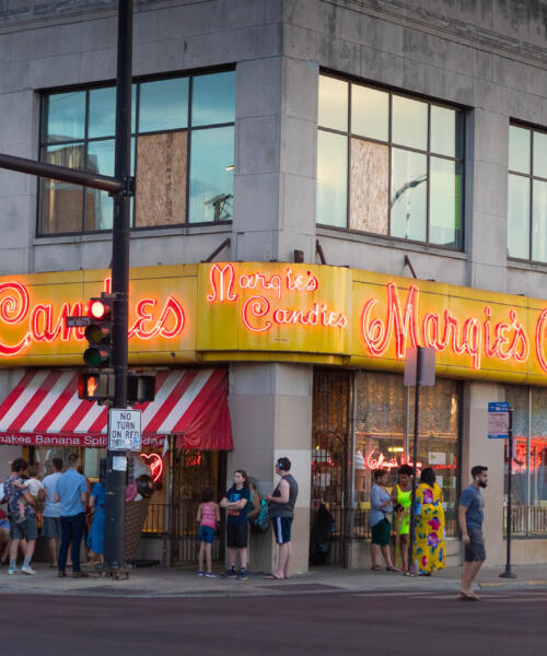 Exterior view of Margie's Candies in Logan Square