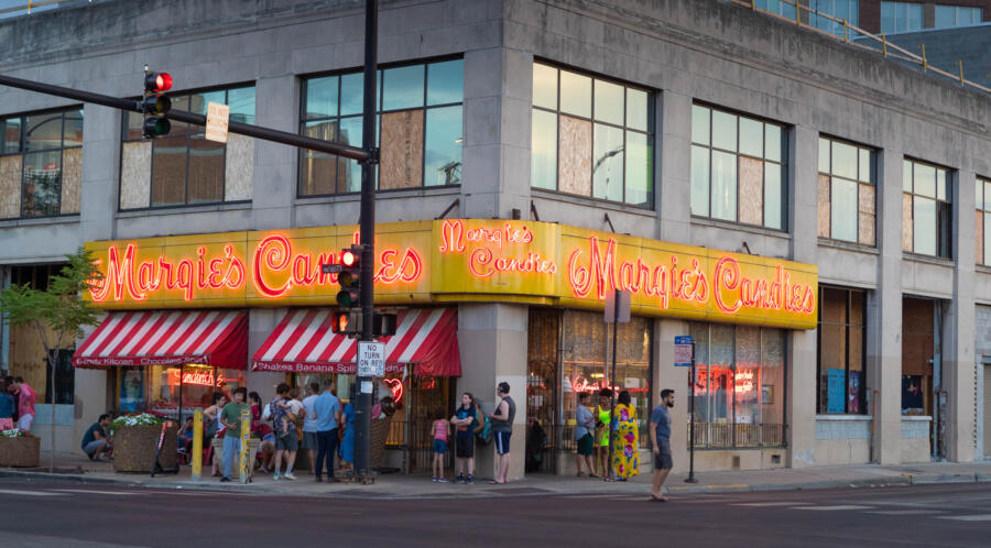 Exterior view of Margie's Candies in Logan Square