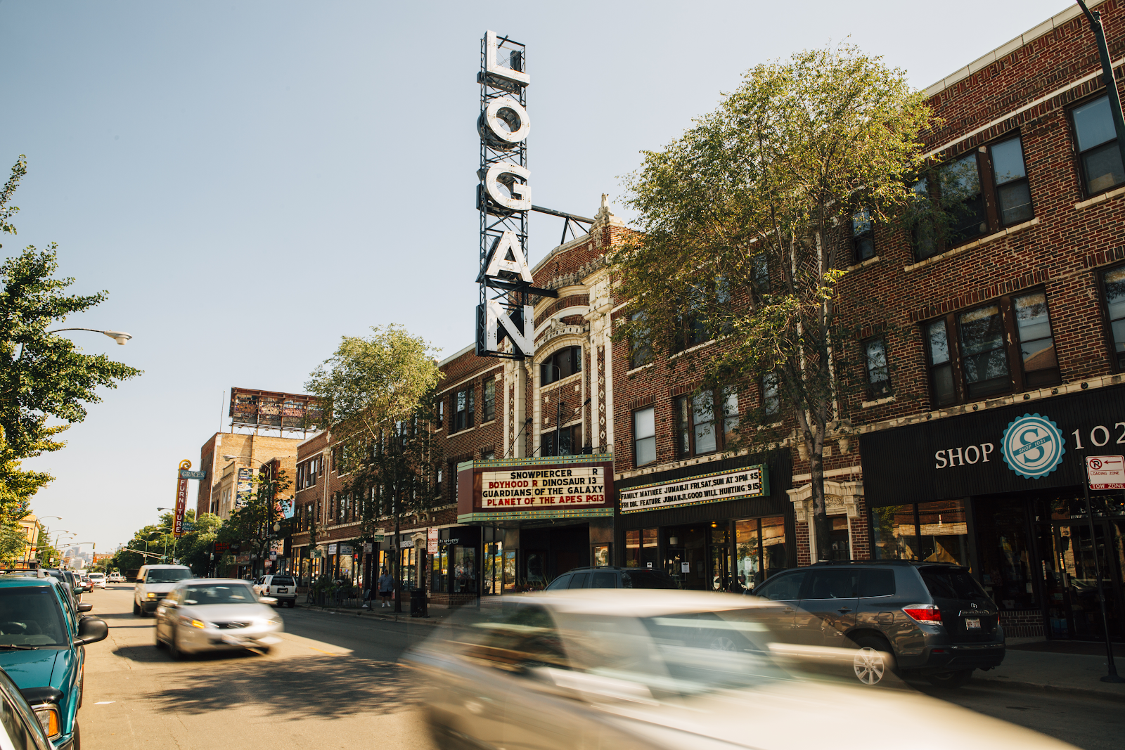 Exterior of Logan Theatre in Logan Square