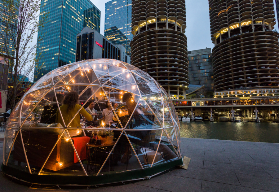 Nighttime view of a City Winery dome on the Chicago Riverwalk