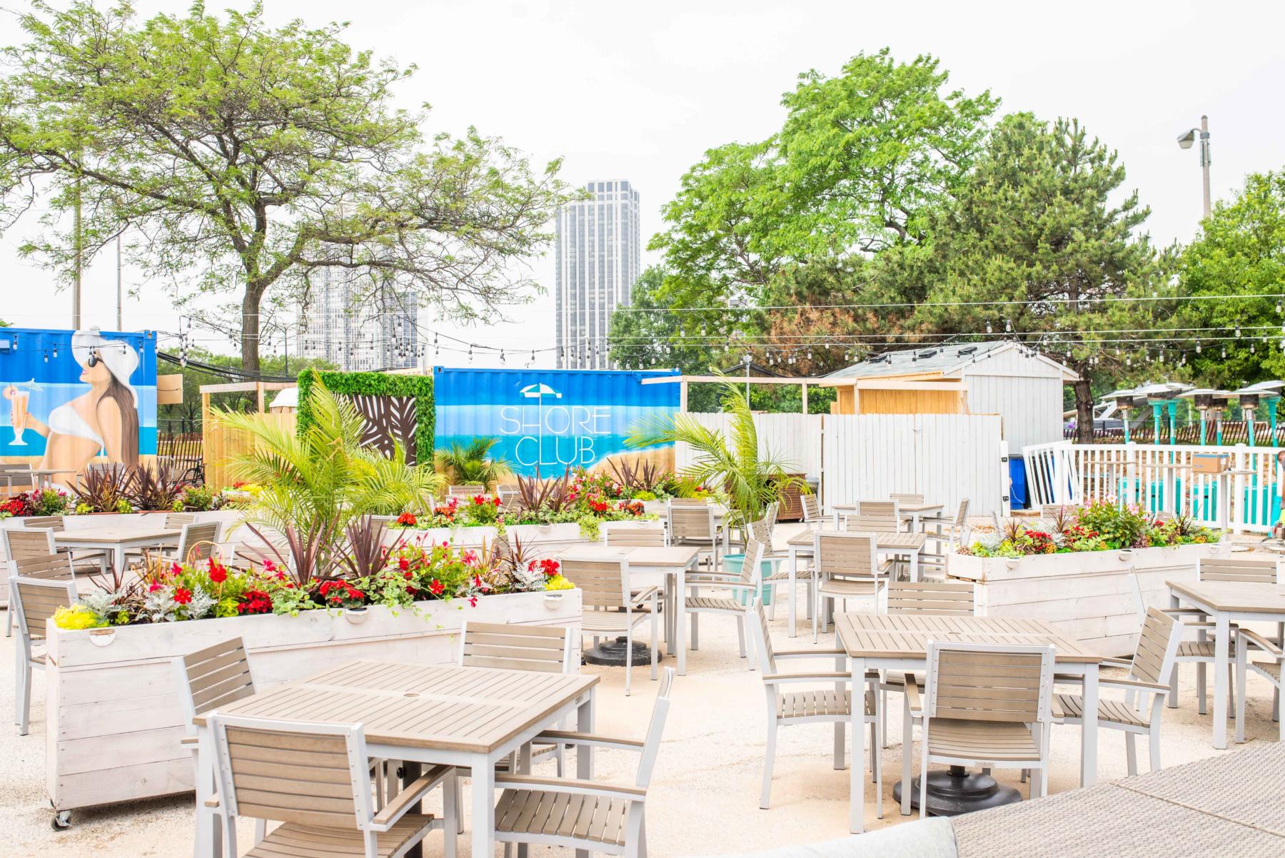 The sun-soaked patio at Shore Club on North Avenue Beach in Chicago