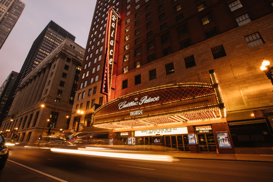 The exterior of the Cadillac Palace Theatre at night