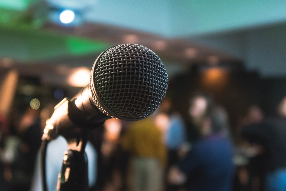 silver corded microphone in shallow focus 