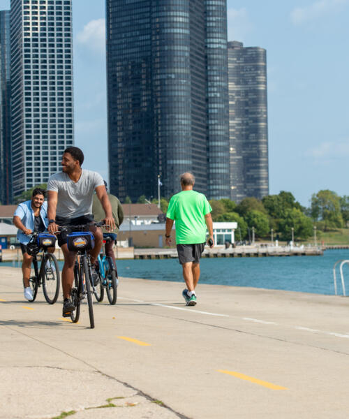 A family bikes along Chicago's Lakefront Trail
