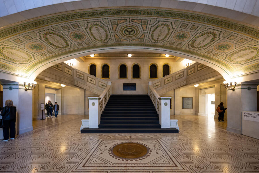 The Washington Street entrance and staircase of the Chicago Cultural Center in Chicago's Loop; November 2024.
