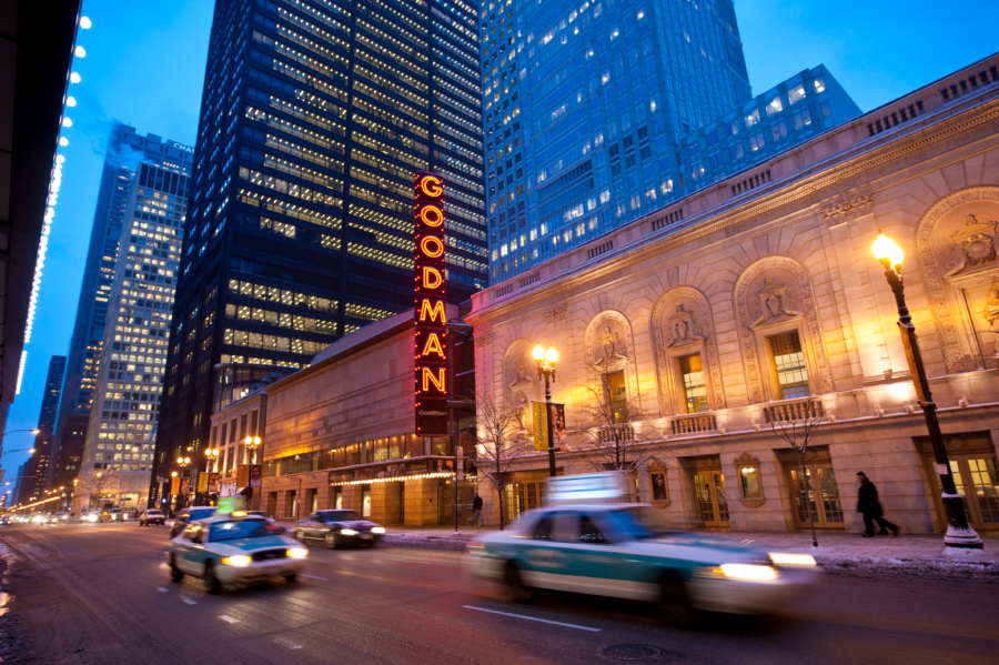 The exterior of Goodman Theatre in the evening