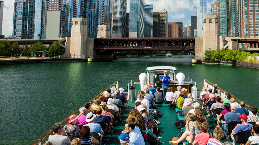 An architecture boat tour on the Chicago River