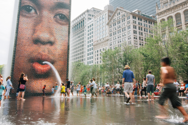 Crown Fountain and kids playing