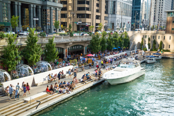 Boat parked along the Chicago riverwalk