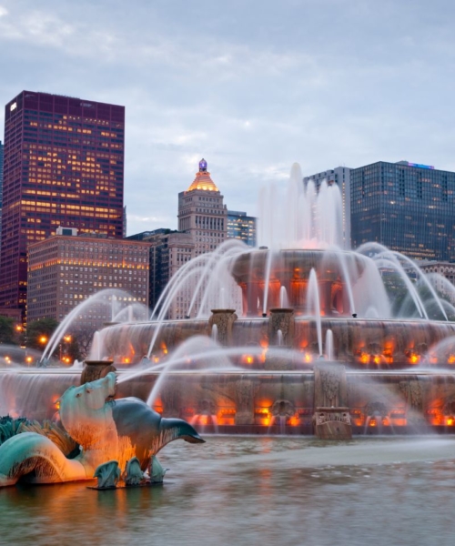 Chicago's Buckingham Fountain lit up with spouting water