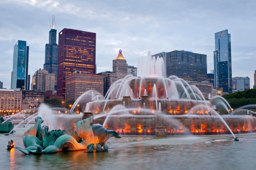 Chicago's Buckingham Fountain lit up with spouting water