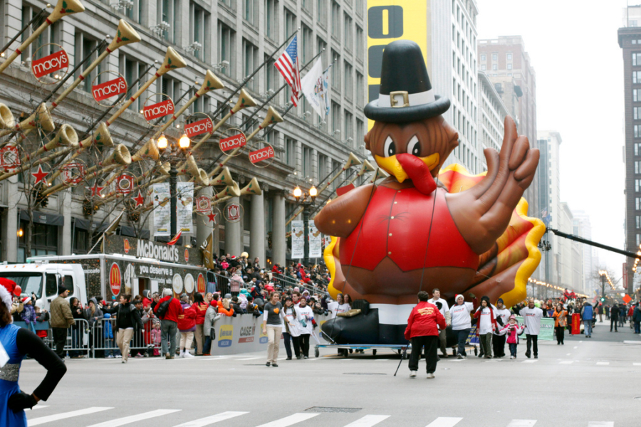 Turkey balloon float in front of Macy's at the Chicago Thanksgiving Day Parade