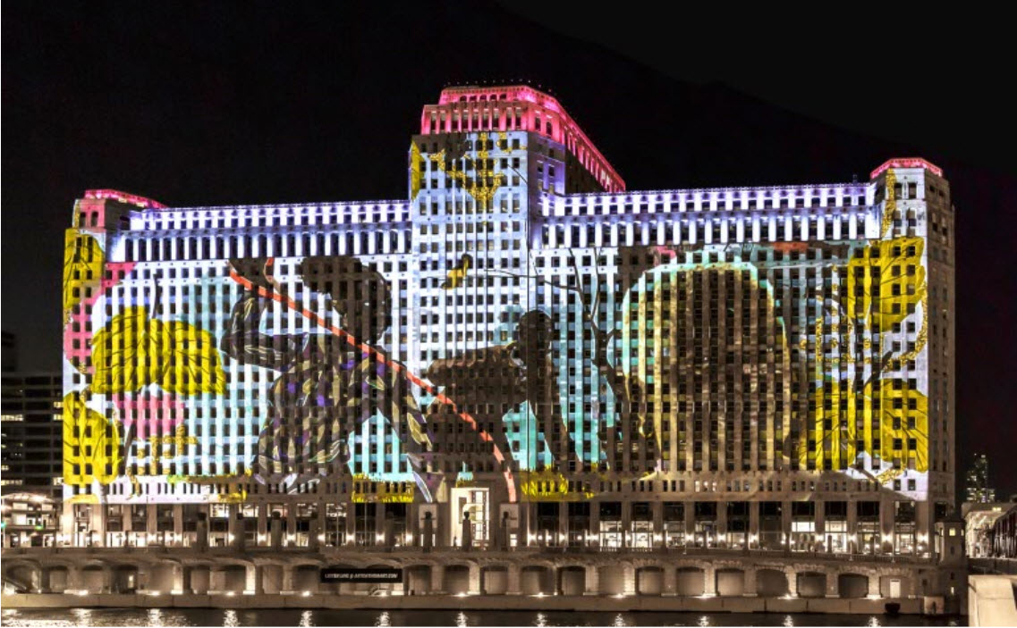 Art on theMART Fall Program promo on the side of a building