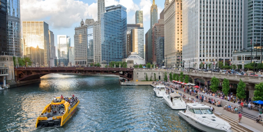 Boats parked along the Chicago riverwalk