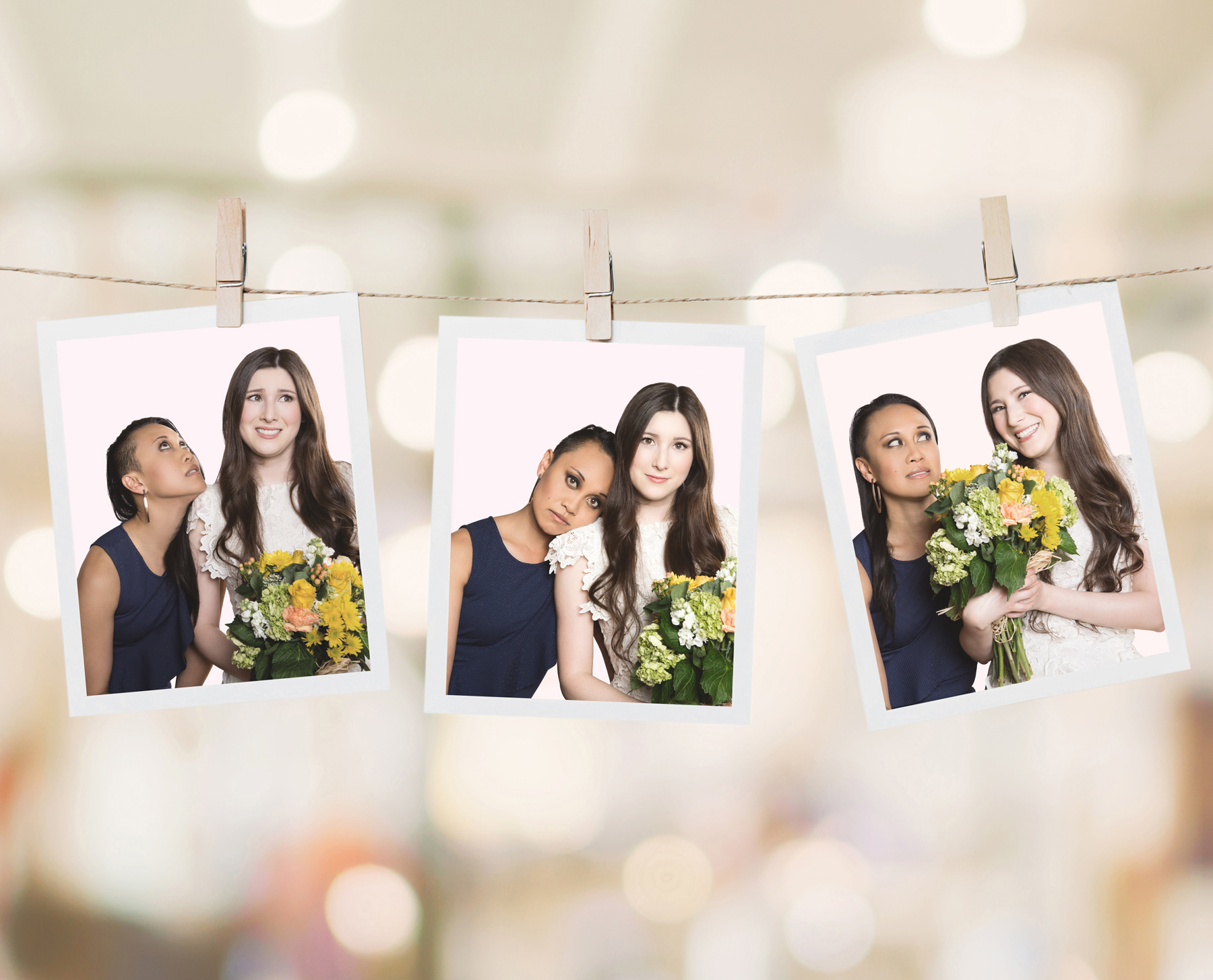 Photos of two friends hanging on a clothesline