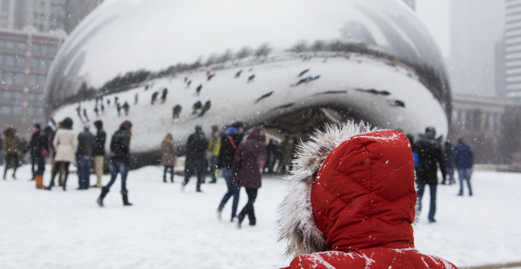 A snowy Bean in Millennium Park in winter