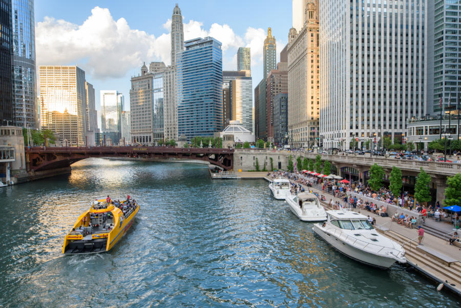 Boats docked along the Chicago Riverwalk