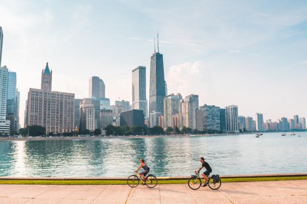Two bikers on the Lakefront Trail in Chicago