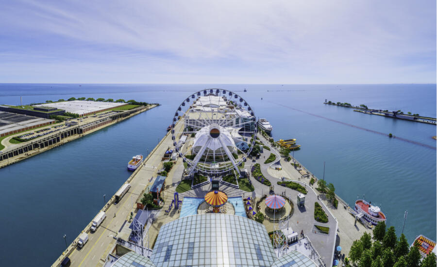 An aerial view of Navy Pier and the iconic Ferris wheel on Chicago's lakefront