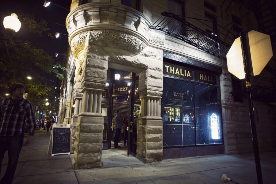 Thalia Hall / Duseks exterior at night