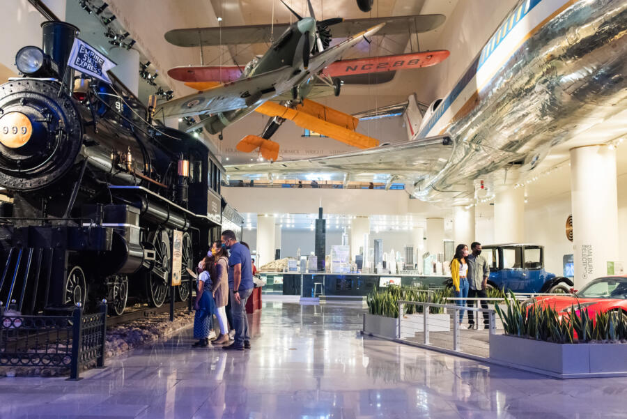 Guests explore MSI’s Transportation Gallery, featuring the 999 Steam Locomotive, the United Airlines Boeing 727 and more.