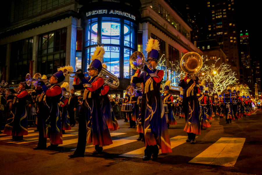 A marching band at The Wintrust Magnificent Mile Lights Festival