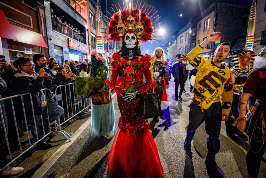A Day of the Dead costume at the Haunted Halsted Halloween Parade