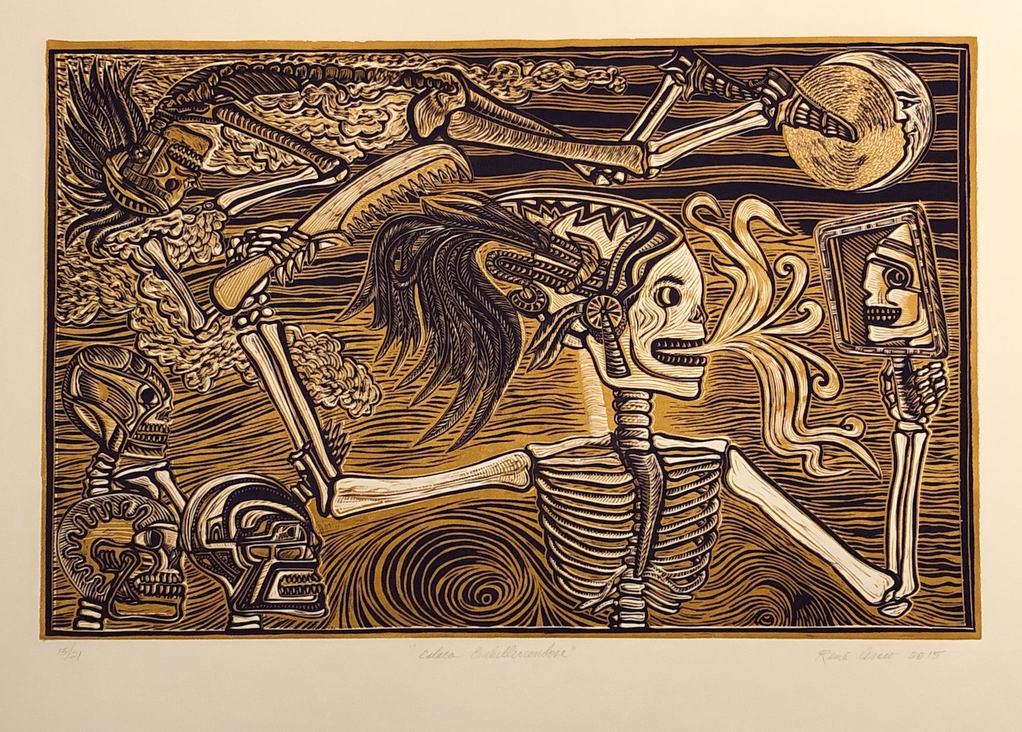 Calaca embelleciendose (skeleton beautifying herself), 2015 Reduction linocut, 22_x30_ copy (1)