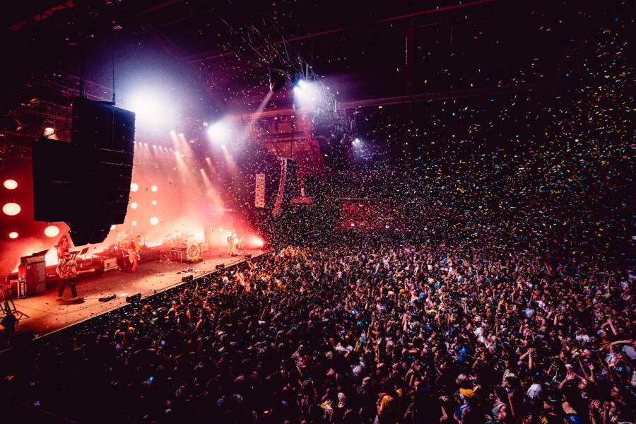 Confetti rains down at a concert inside The Salt Shed, a music venue in Chicago