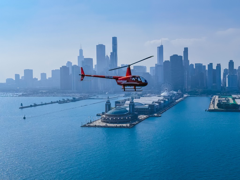 Red Heli over Chicago Skyline