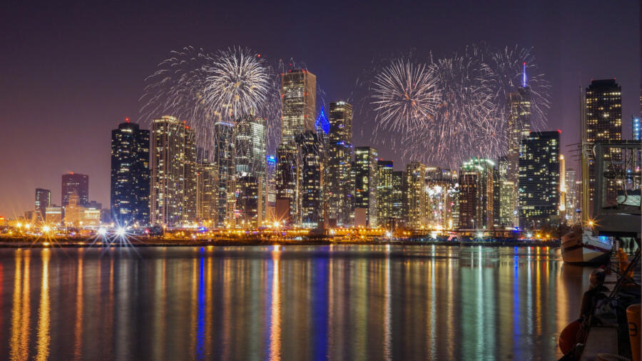 Chicago Fireworks Cruise Sail into the Night, with Sparkles in the Sky