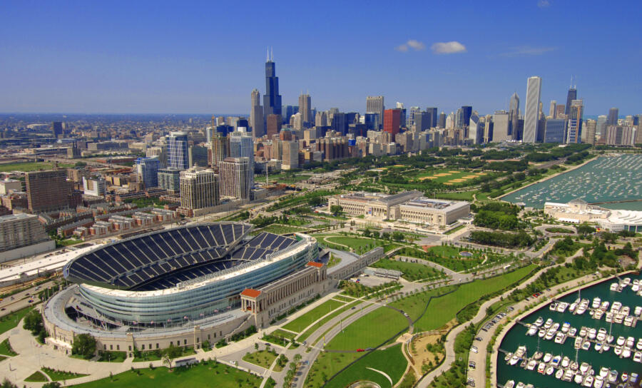 Soldier Field from above with the Chicago skyline