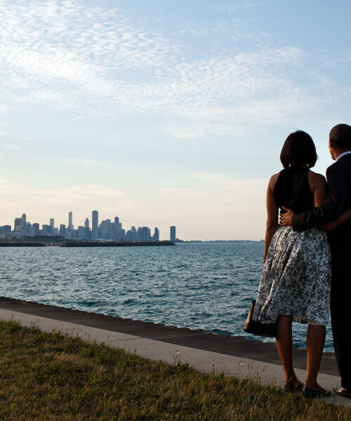 Barack and Michelle Obama look at the Chicago skyline