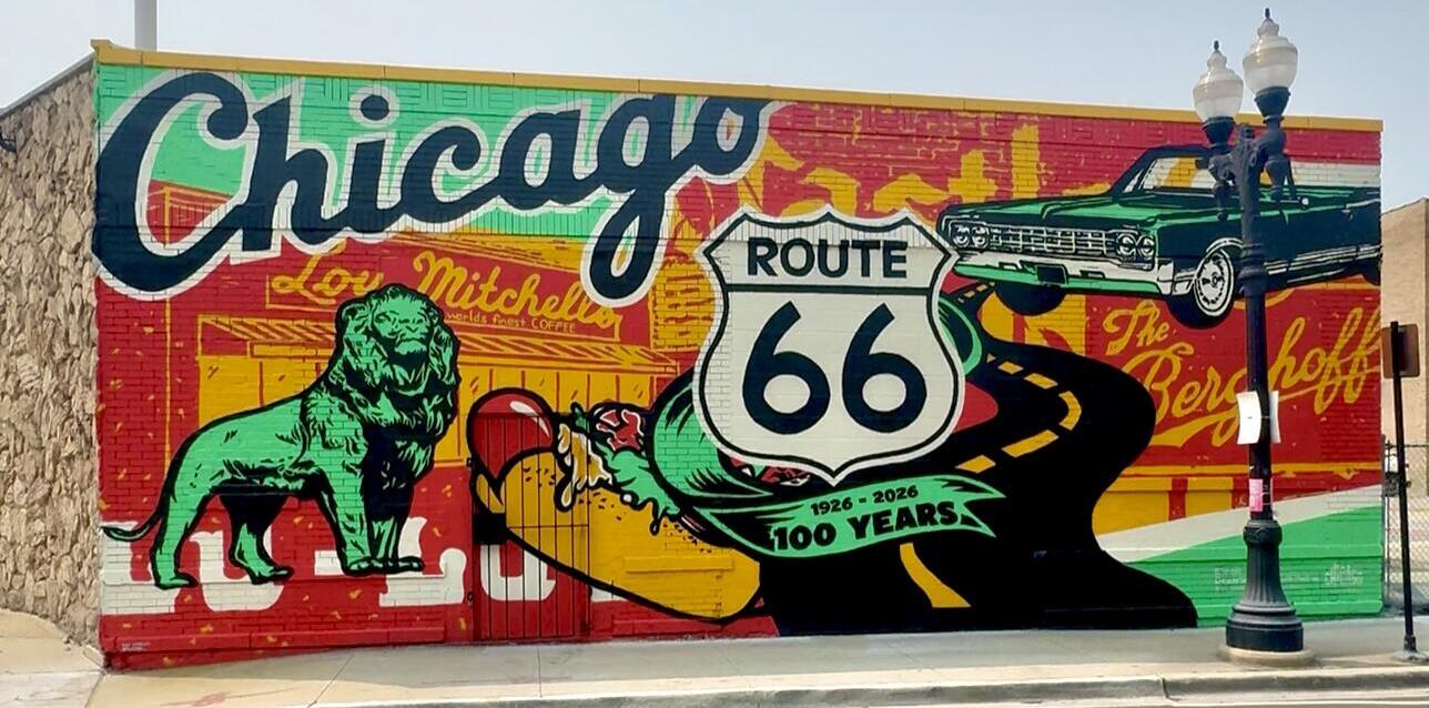 Route 66 mural along the route in Chicago