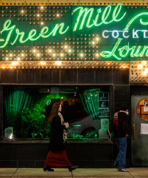 The Green Mill in Uptown exterior marquee at night