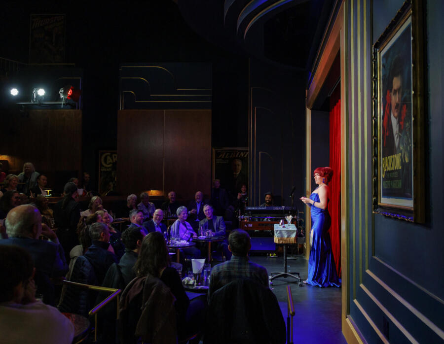 Lucy Darling performing on Harry Blackstone cabaret stage at the Chicago Magic Lounge