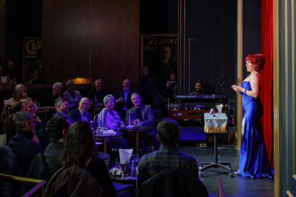 Lucy Darling performing on Harry Blackstone cabaret stage at the Chicago Magic Lounge