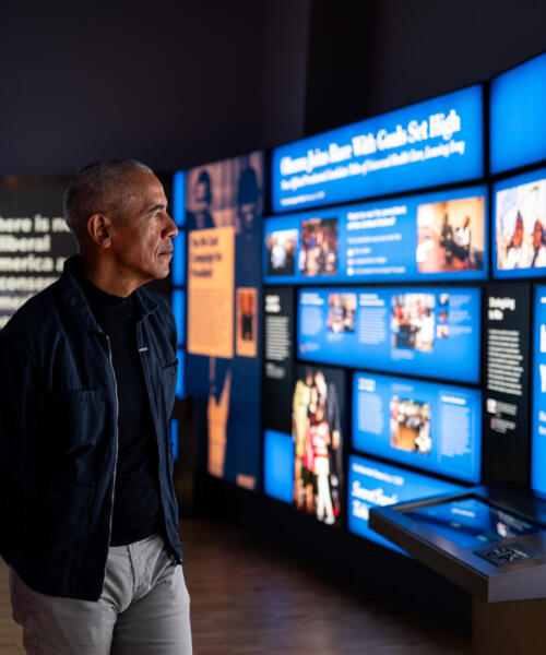 President Barack Obama walks through the Obama Presidential Center Museum in Chicago, IL on Wednesday, April 8, 2026.