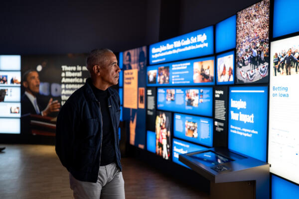 President Barack Obama walks through the Obama Presidential Center Museum in Chicago, IL on Wednesday, April 8, 2026.