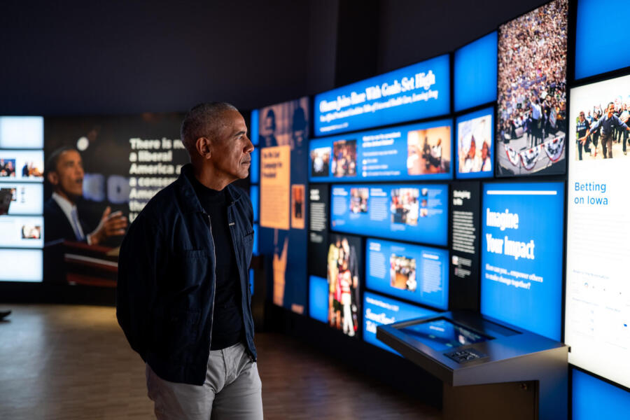 President Barack Obama walks through the Obama Presidential Center Museum in Chicago, IL on Wednesday, April 8, 2026.