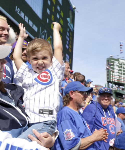 Fans cheer for the Chicago Cubs in the bleachers at Wrigley Field.