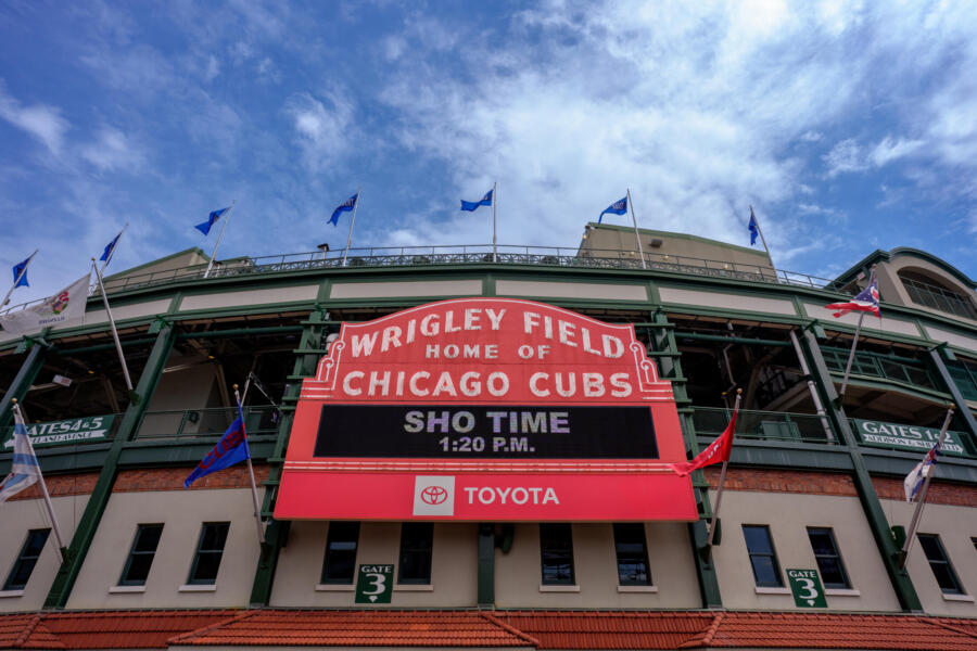 The iconic marquee outside Wrigley Field.