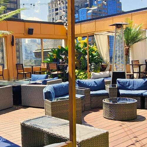 Rooftop lounge terrace with wicker sofas, palm trees, and a city skyline view.