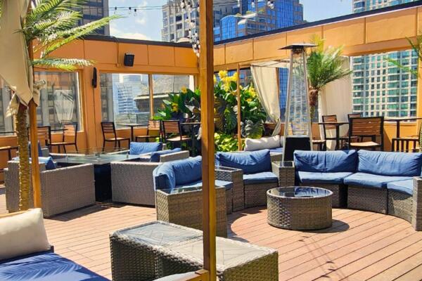 Rooftop lounge terrace with wicker sofas, palm trees, and a city skyline view.