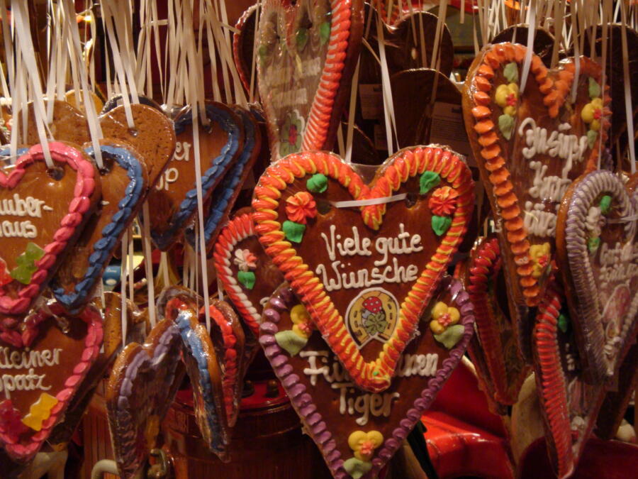 Big ginger cookie shaped hearts hung for customers at the Christkindlmarket in Chicago.